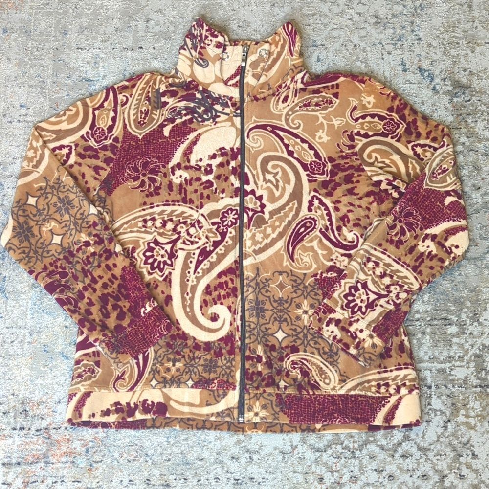 Vintage Rebecca Malone Paisley red tan velour zip up sweatshirt